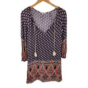 Charlotte Russe Womens Paisley 3/4 Tunic Top Juniors Sz S V-Neck Bohemian Boho